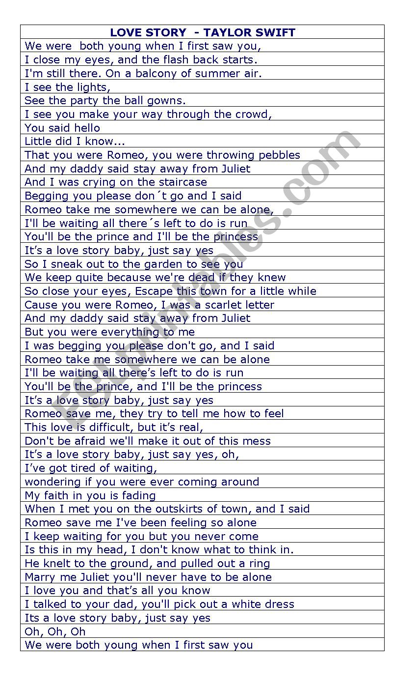 SONG - LOVE STORY worksheet