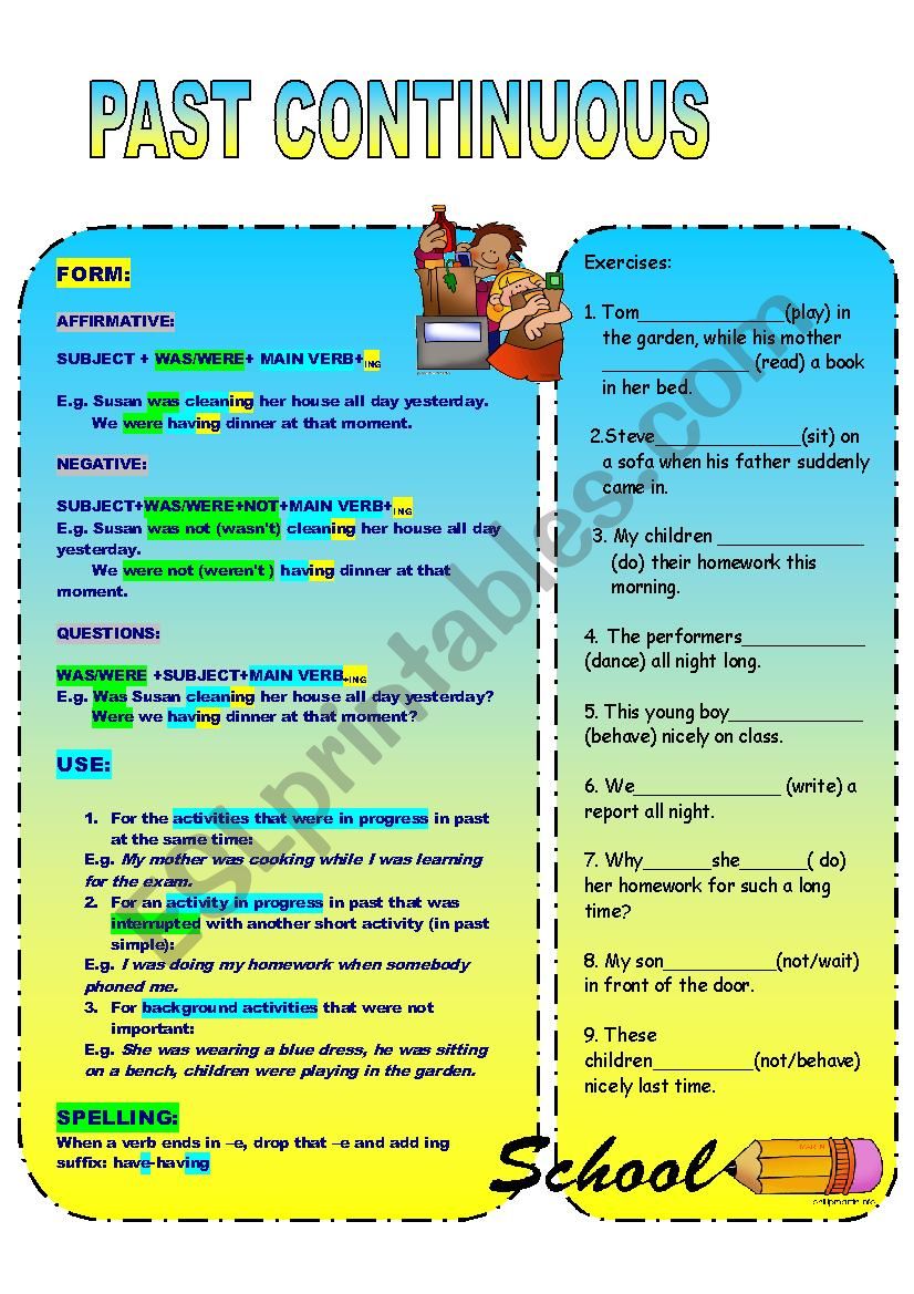 Past Continuous-form, use, spelling and exercise