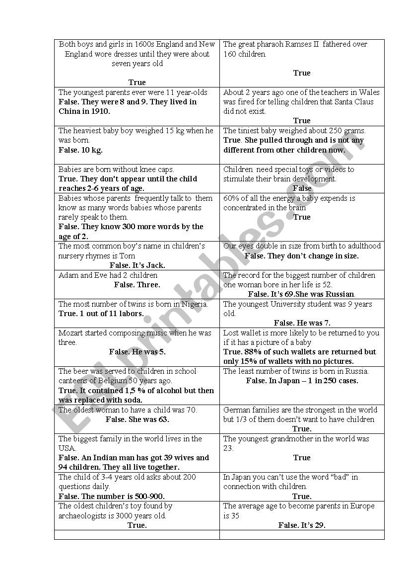 True/false game about children/childhood