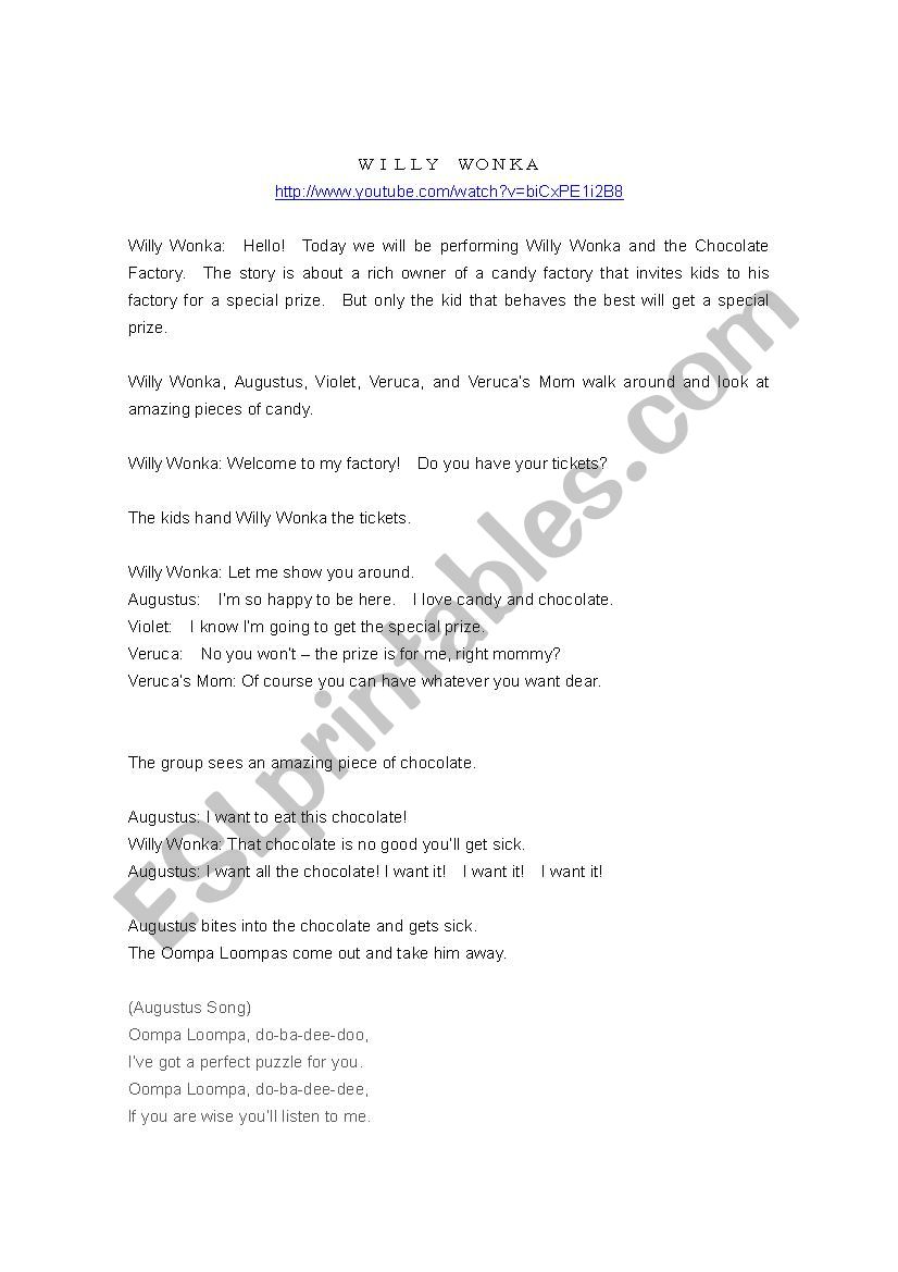 Willy Wonka Play worksheet