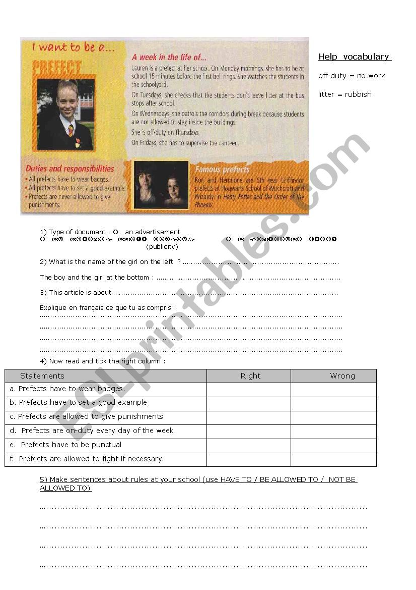 School system (Prefects)  worksheet