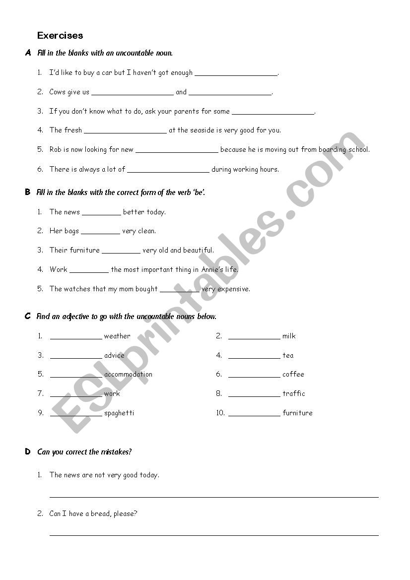 Uncountable Nouns worksheet