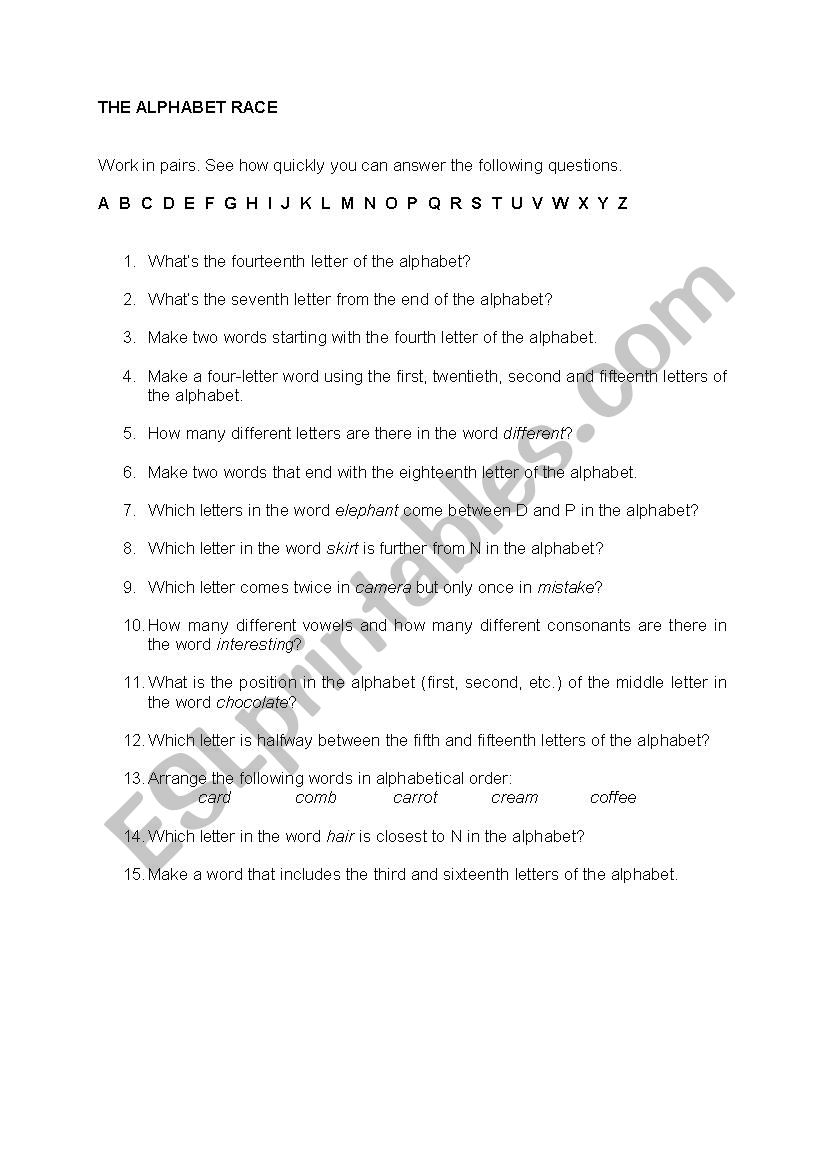 Alphabeth Race worksheet