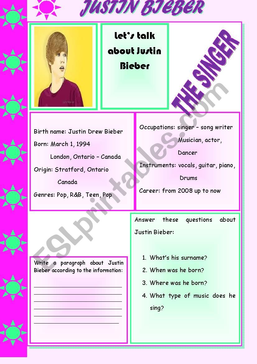 Justin Biebers biography worksheet