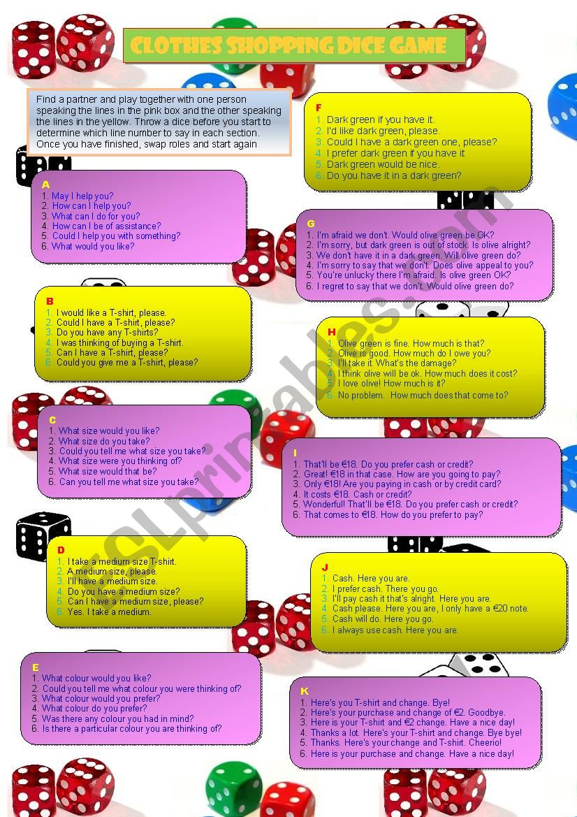 Clothes Shopping Dice Game worksheet