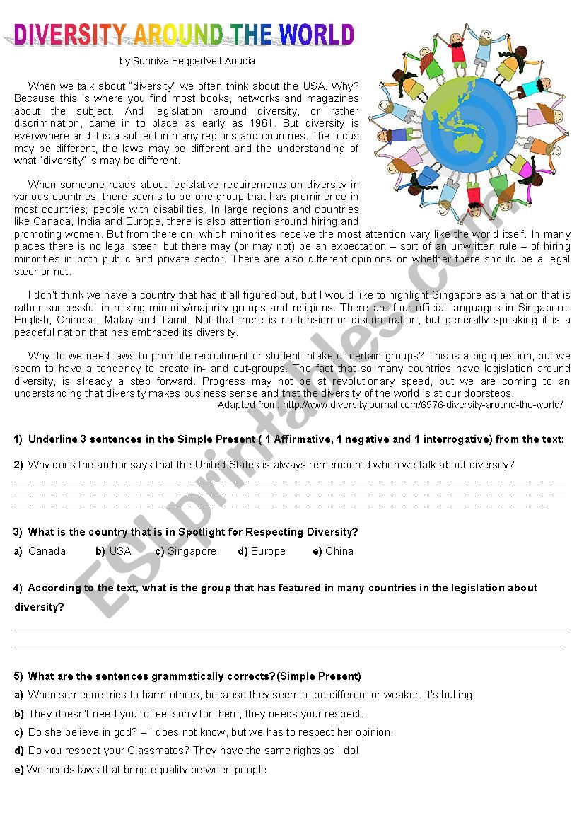 Diversity around the World  worksheet