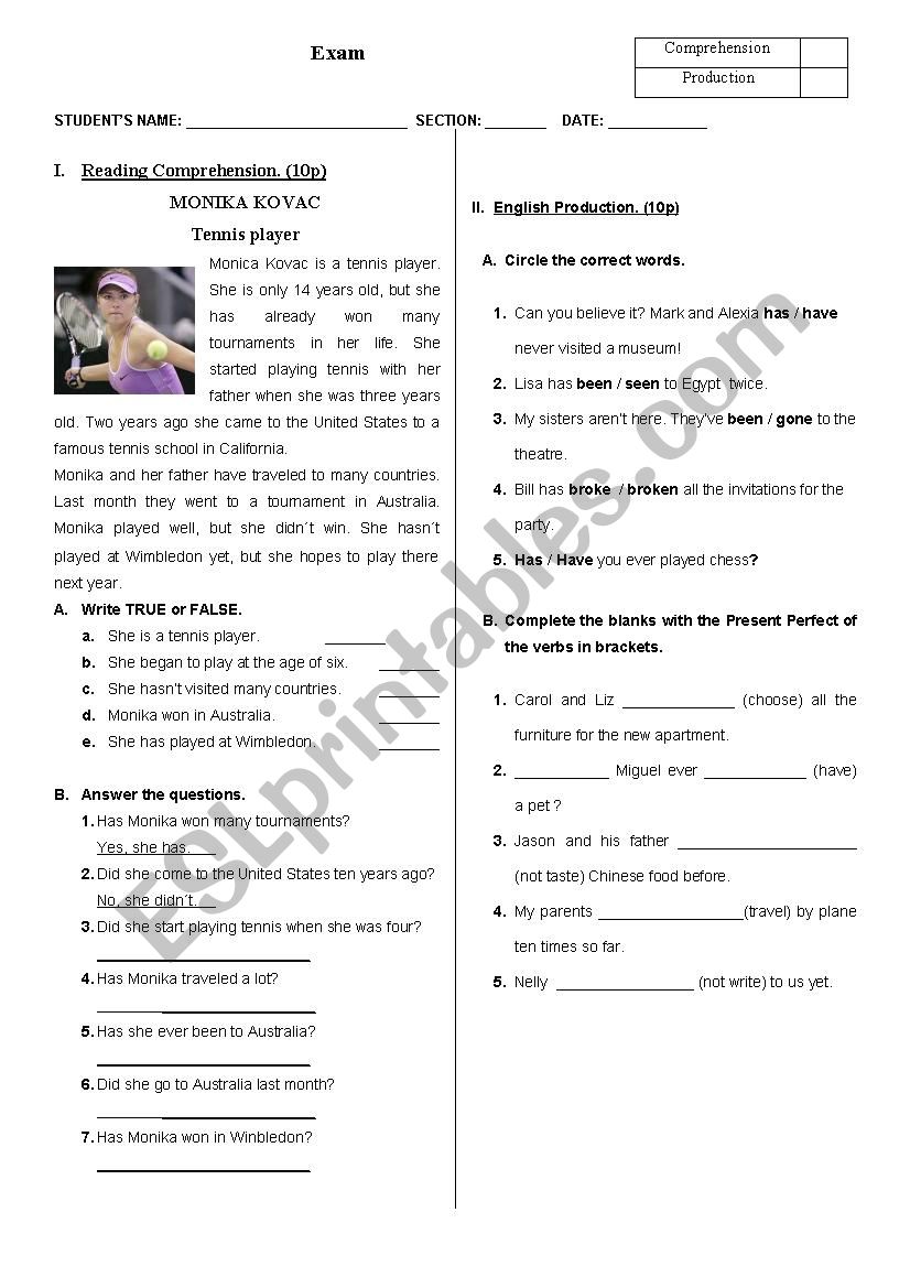 A tennis player worksheet