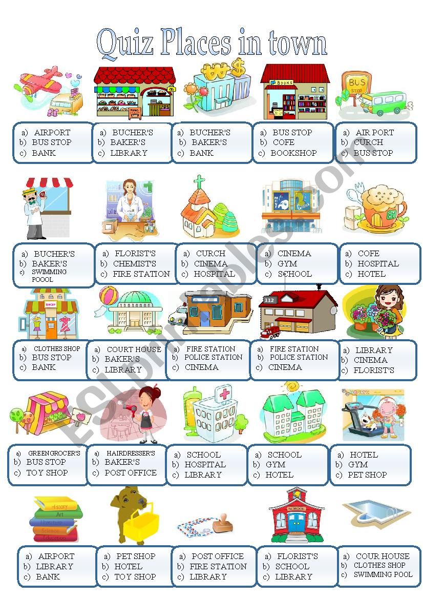 TOWN AND BUILDINGS QUIZ worksheet