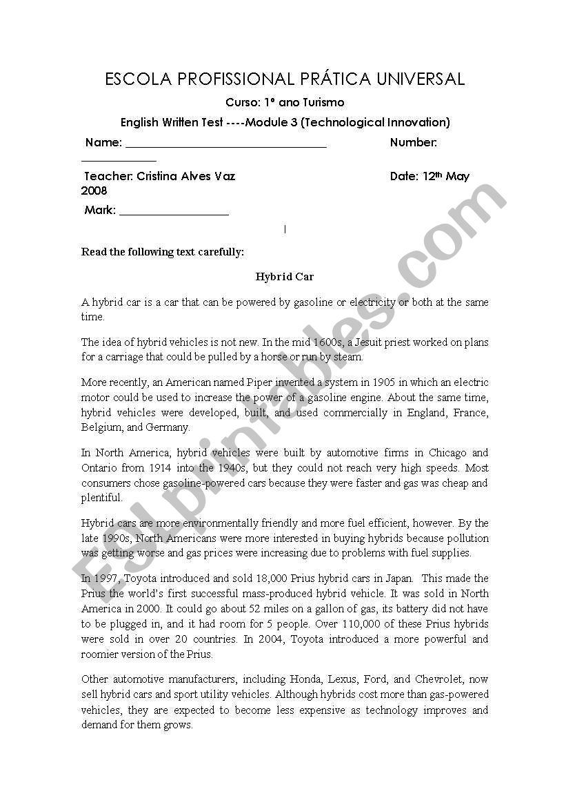 English test worksheet