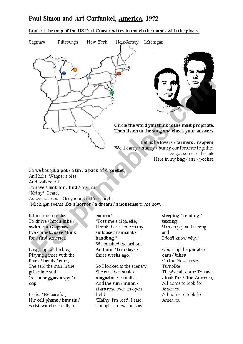 America - Simon and Garfunkel worksheet