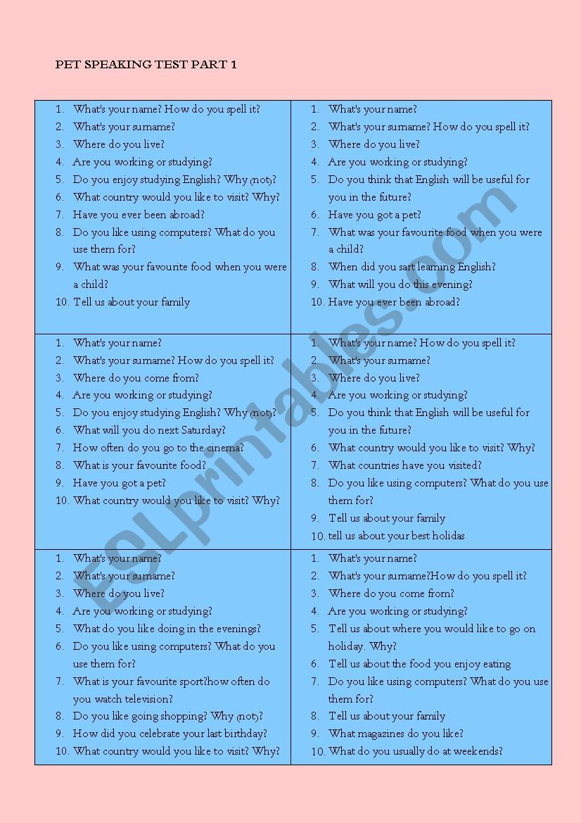 PET SPEAKING PART 1 worksheet