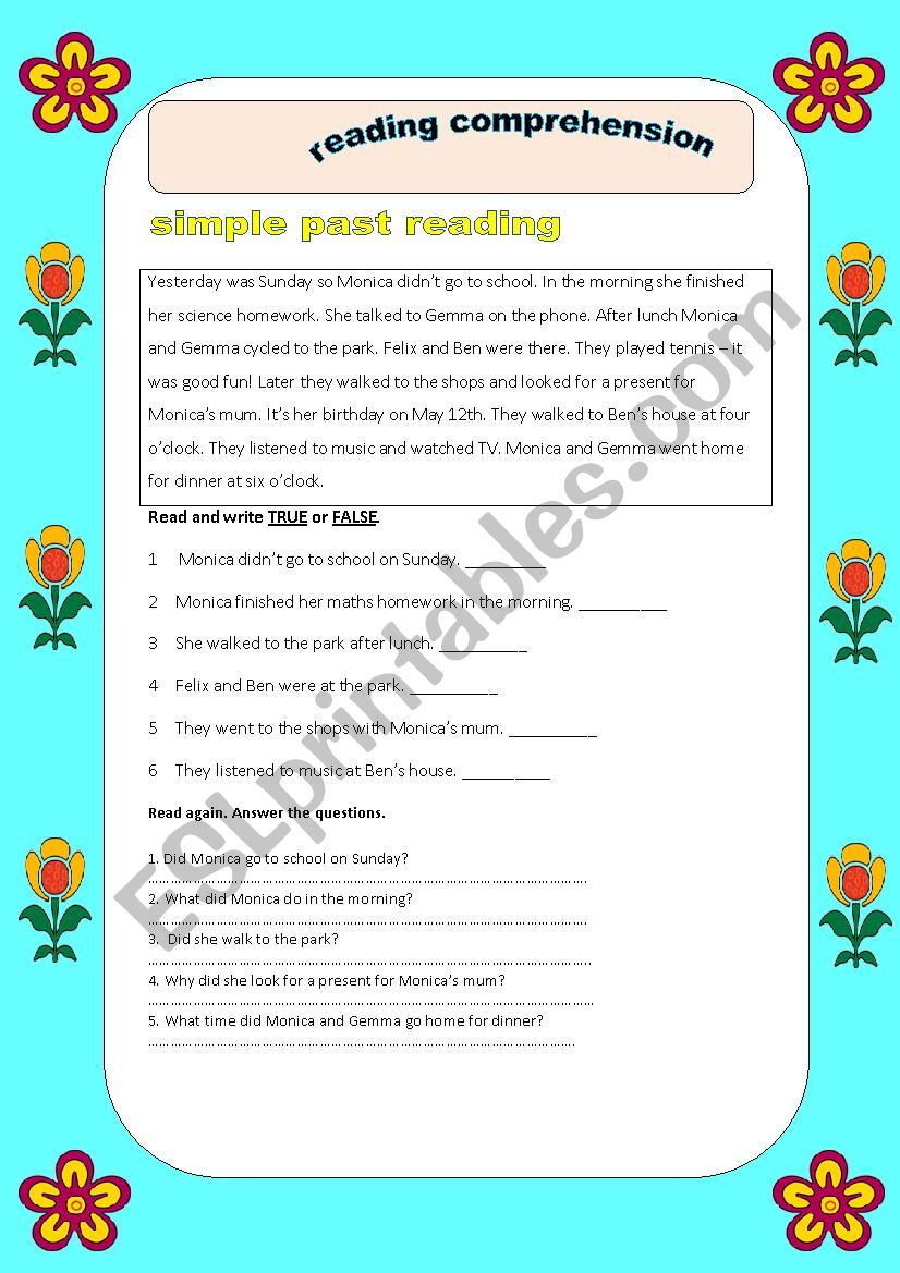 simple past reading worksheet