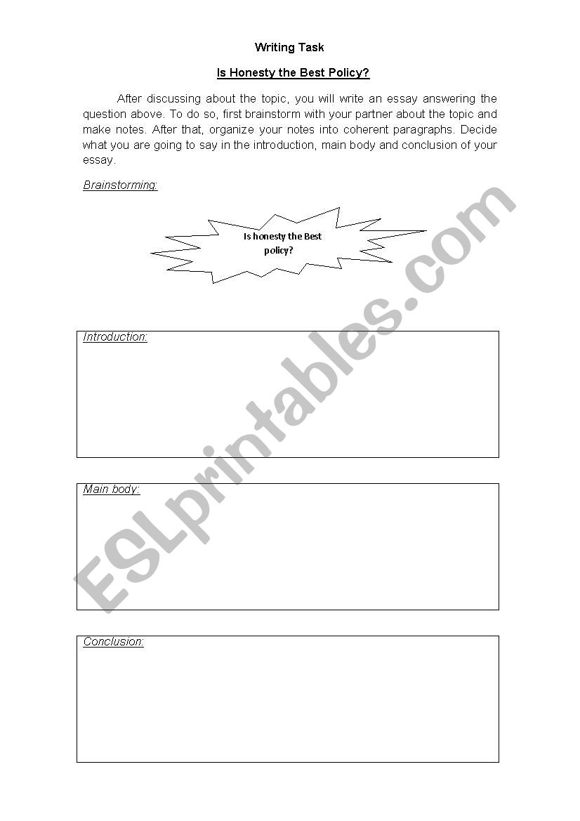Honesty - Writing an Essay worksheet