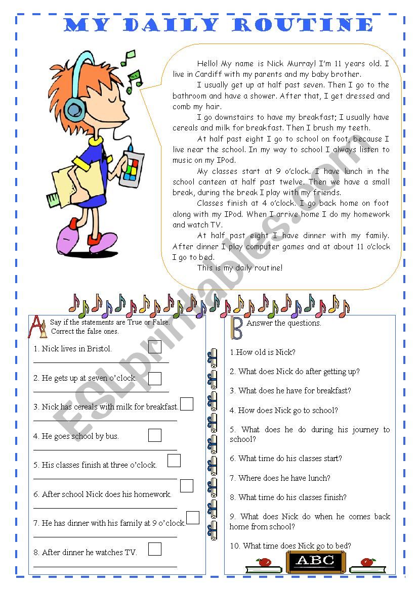 My daily routine - reading worksheet