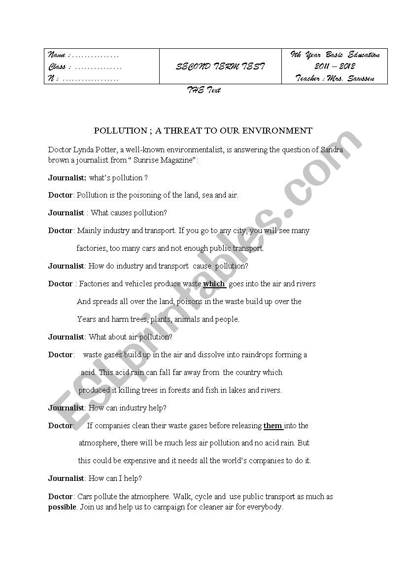 pollution worksheet