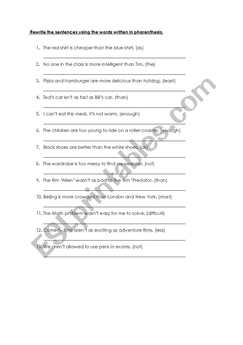 rewrite on comparison worksheet