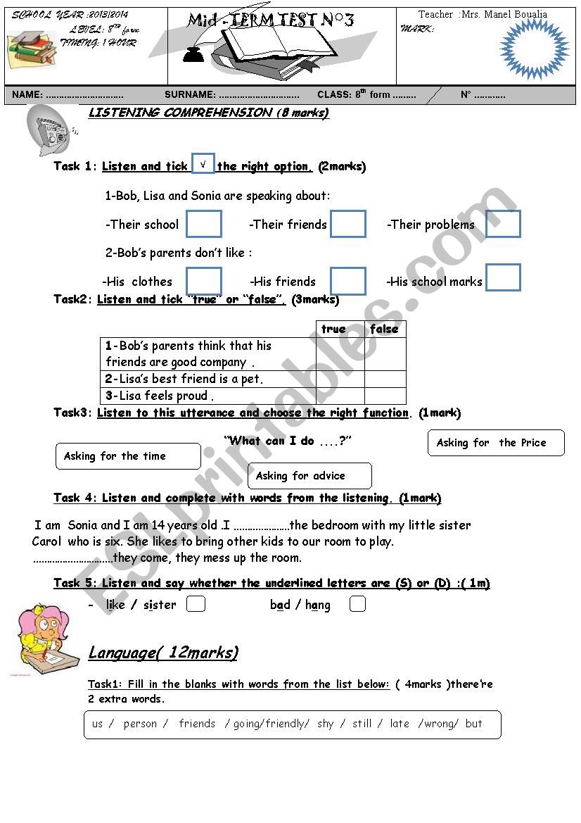 mid term test 8th form n3 worksheet