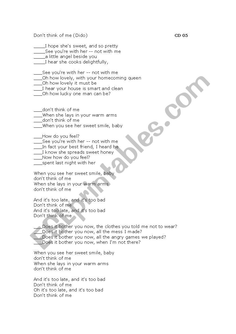 Song Dont Think of Me - Dido worksheet