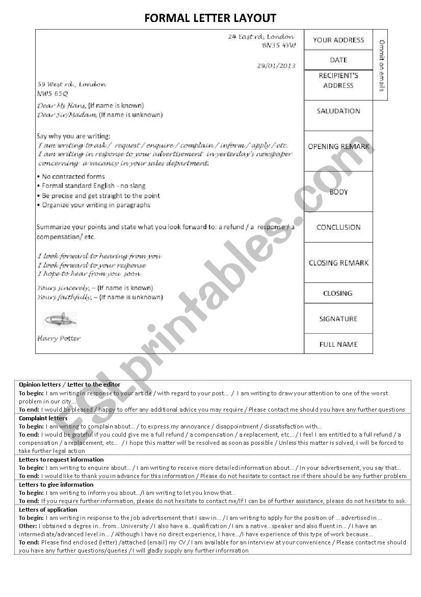 Formal letter layout  worksheet