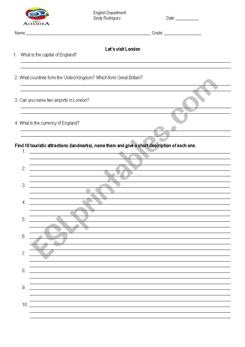 virtual visit to London worksheet