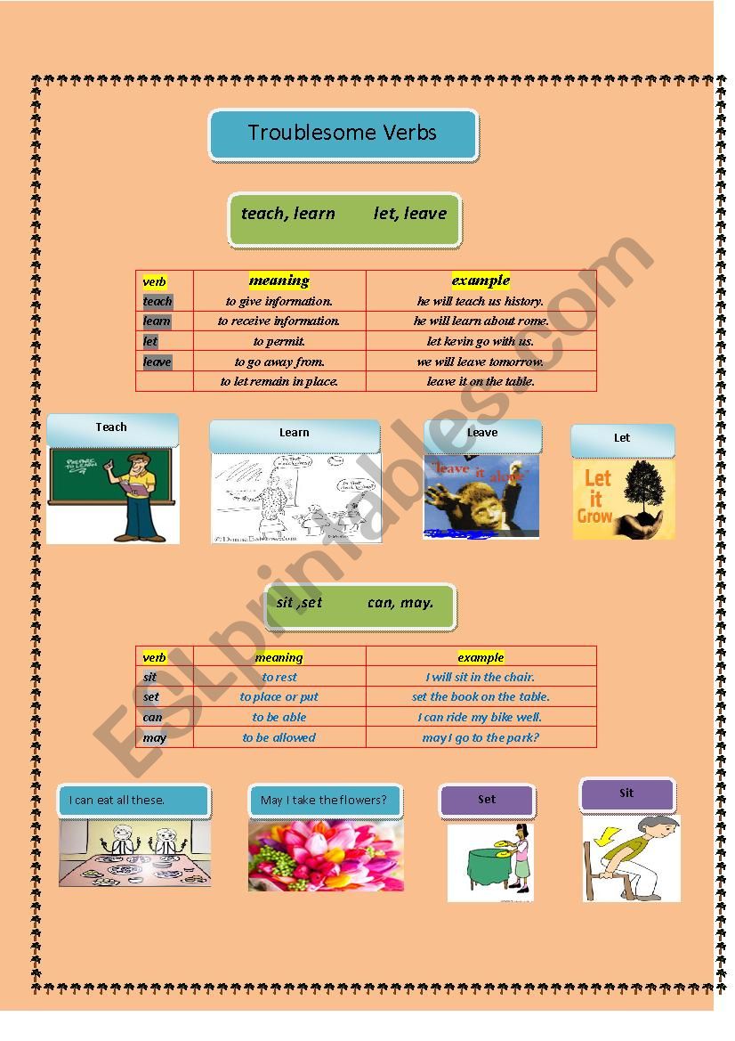 Troublesome verbs (Let leave/can may/ sit set/ teach learn)