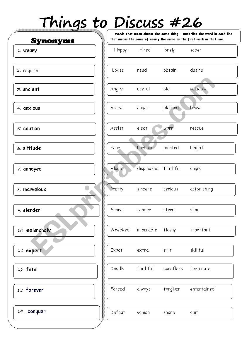 Synonyms worksheet