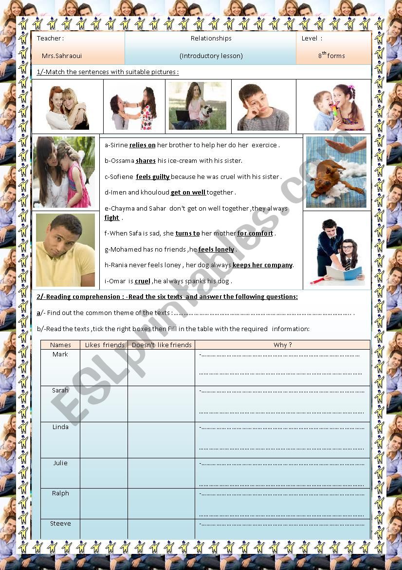 relationships(8th form ) worksheet