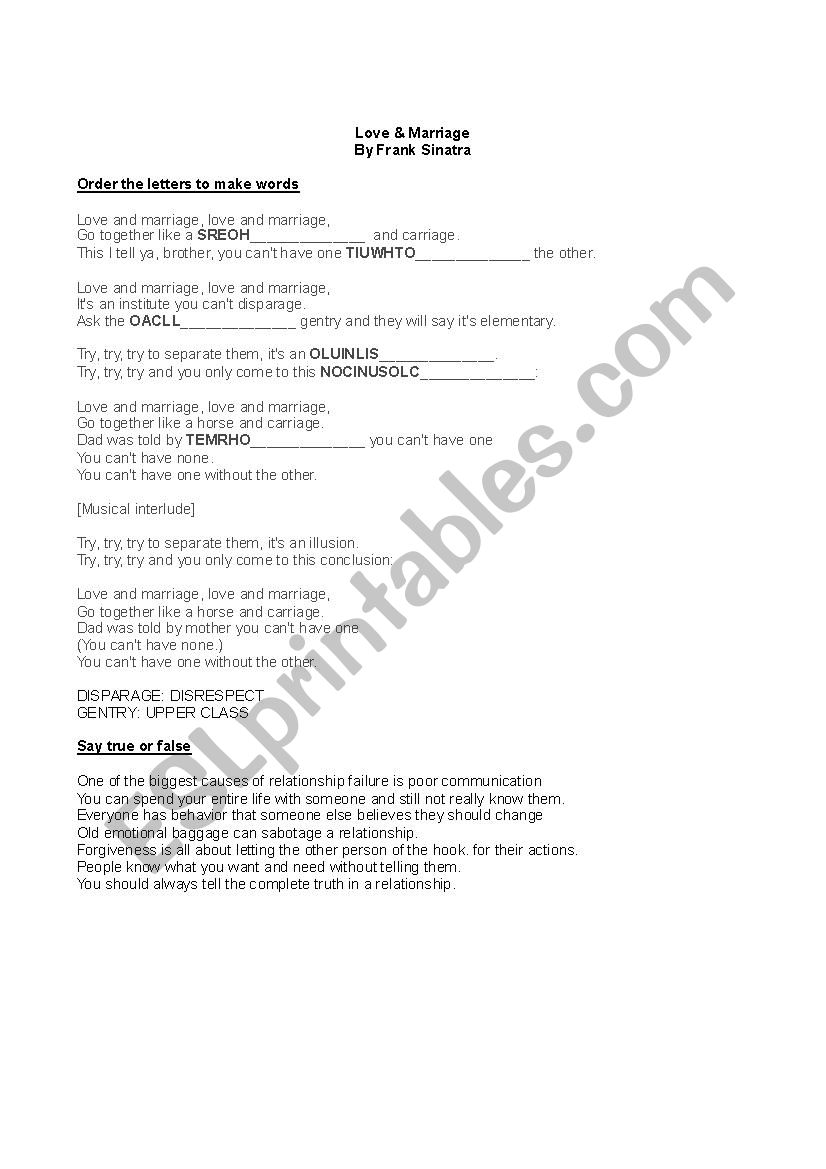 Love and marriage speaking worksheet