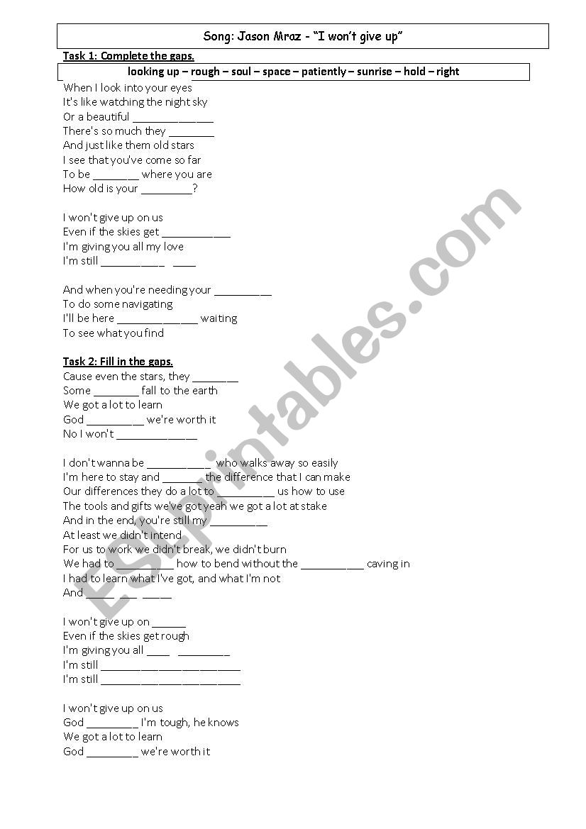 Song: Earned it worksheet