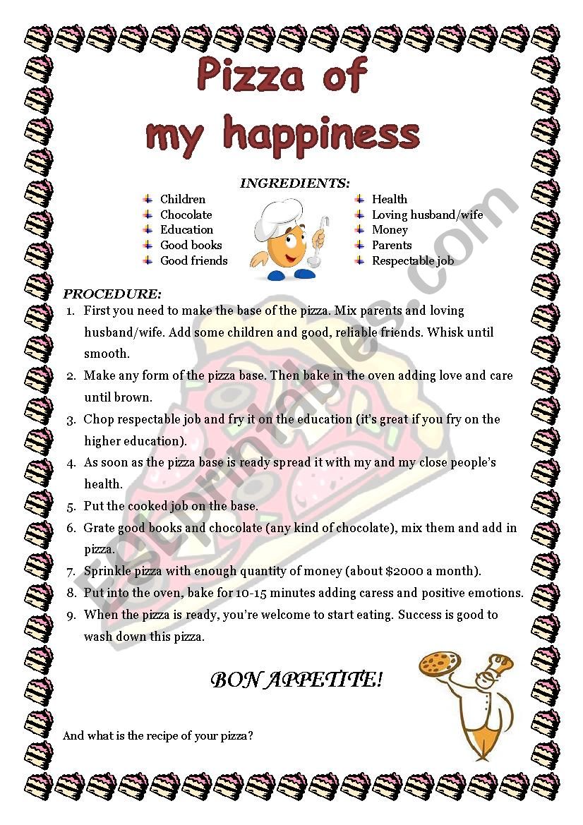 Pizza of my happiness recipe worksheet