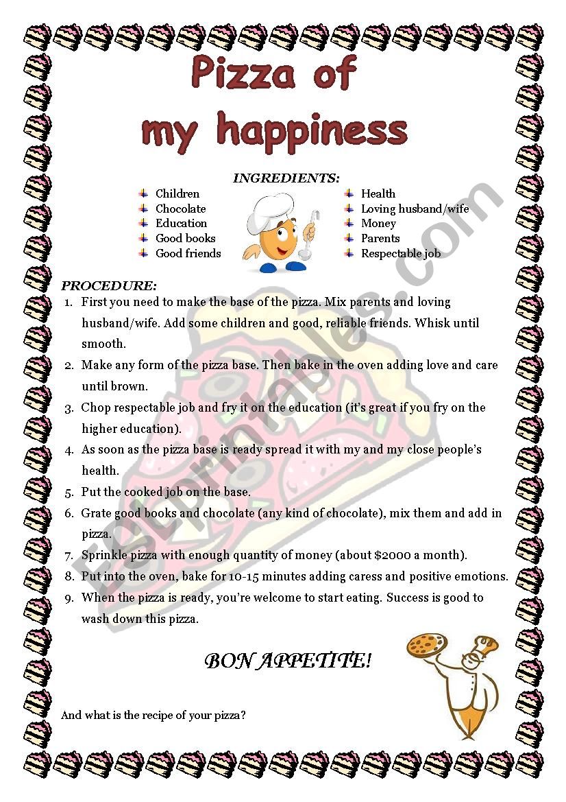 Pizza of my happiness recipe worksheet