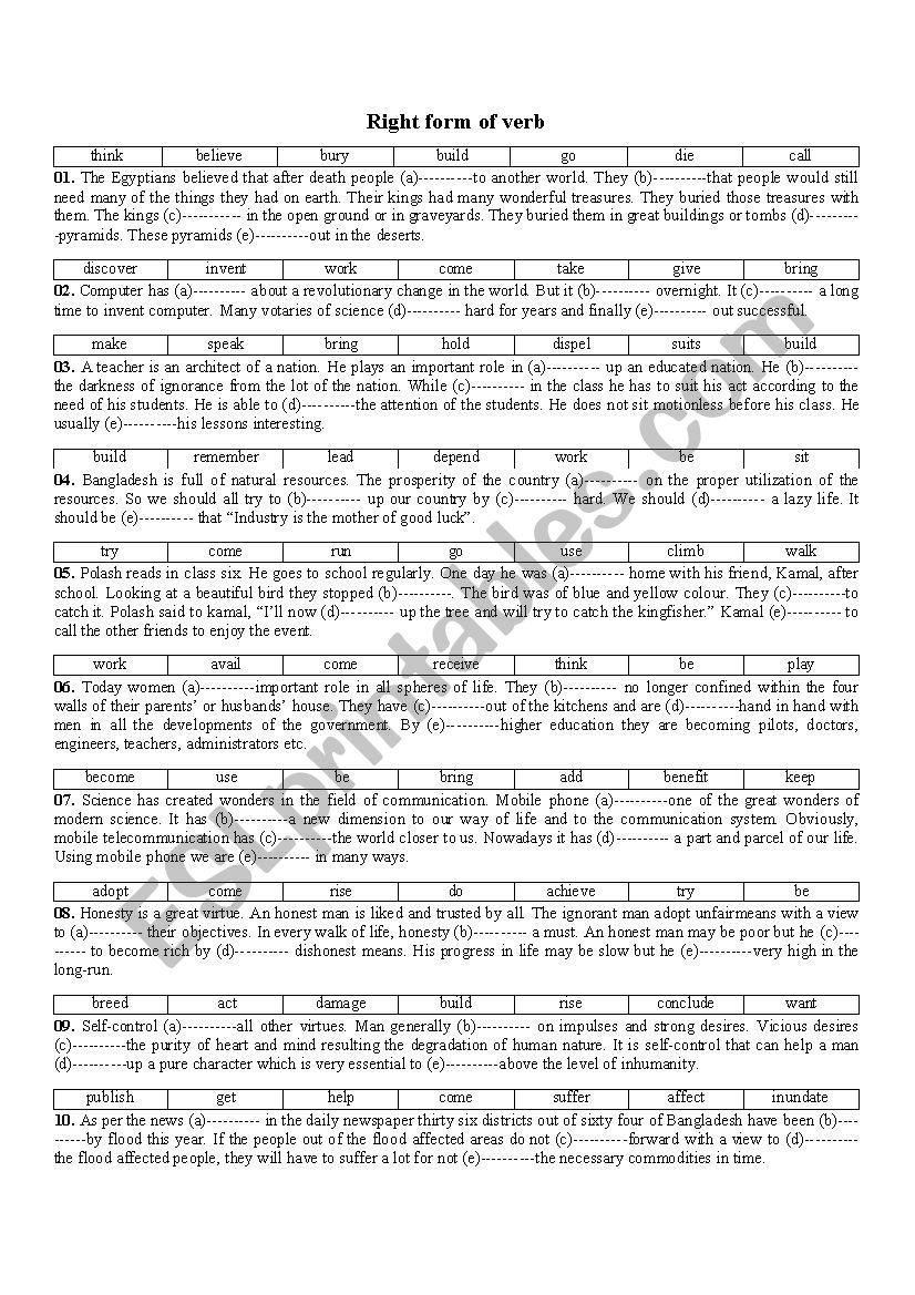 Right form of verb worksheet