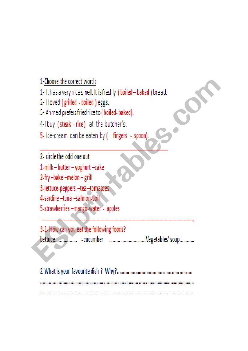 eating and preparing foods  worksheet