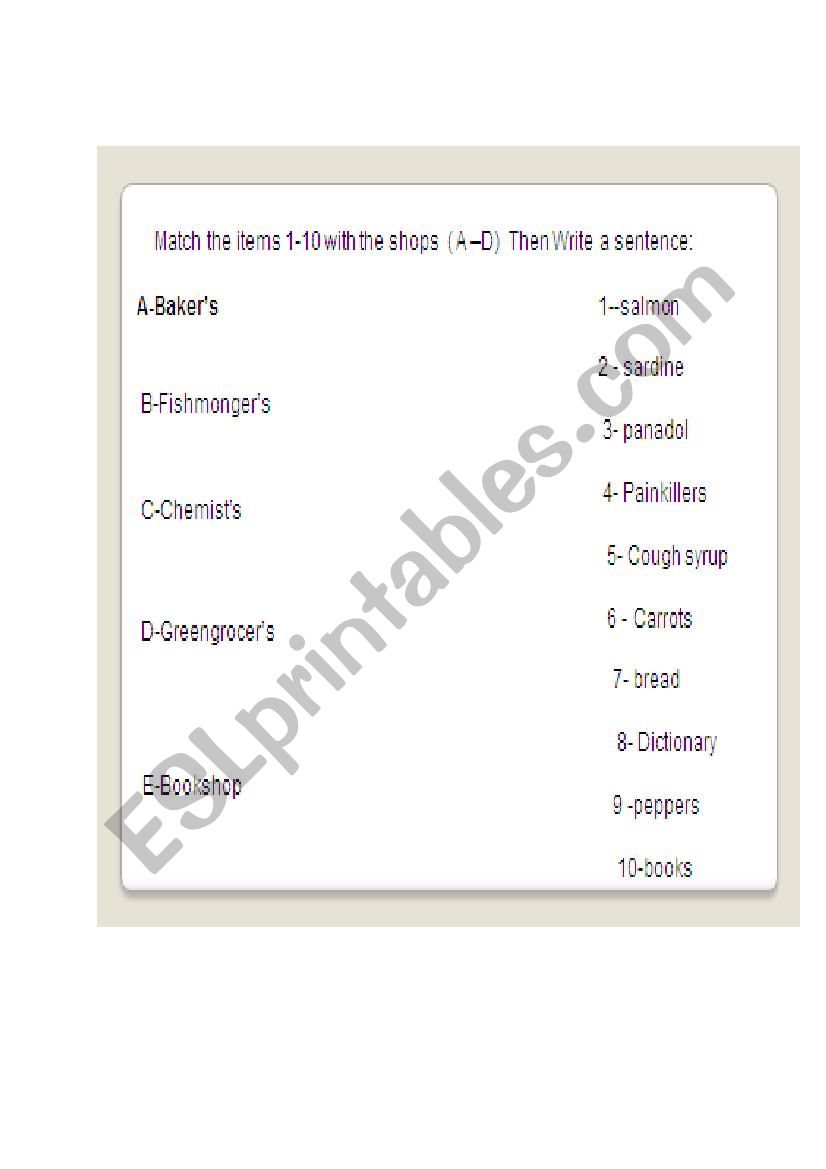 shops and products worksheet