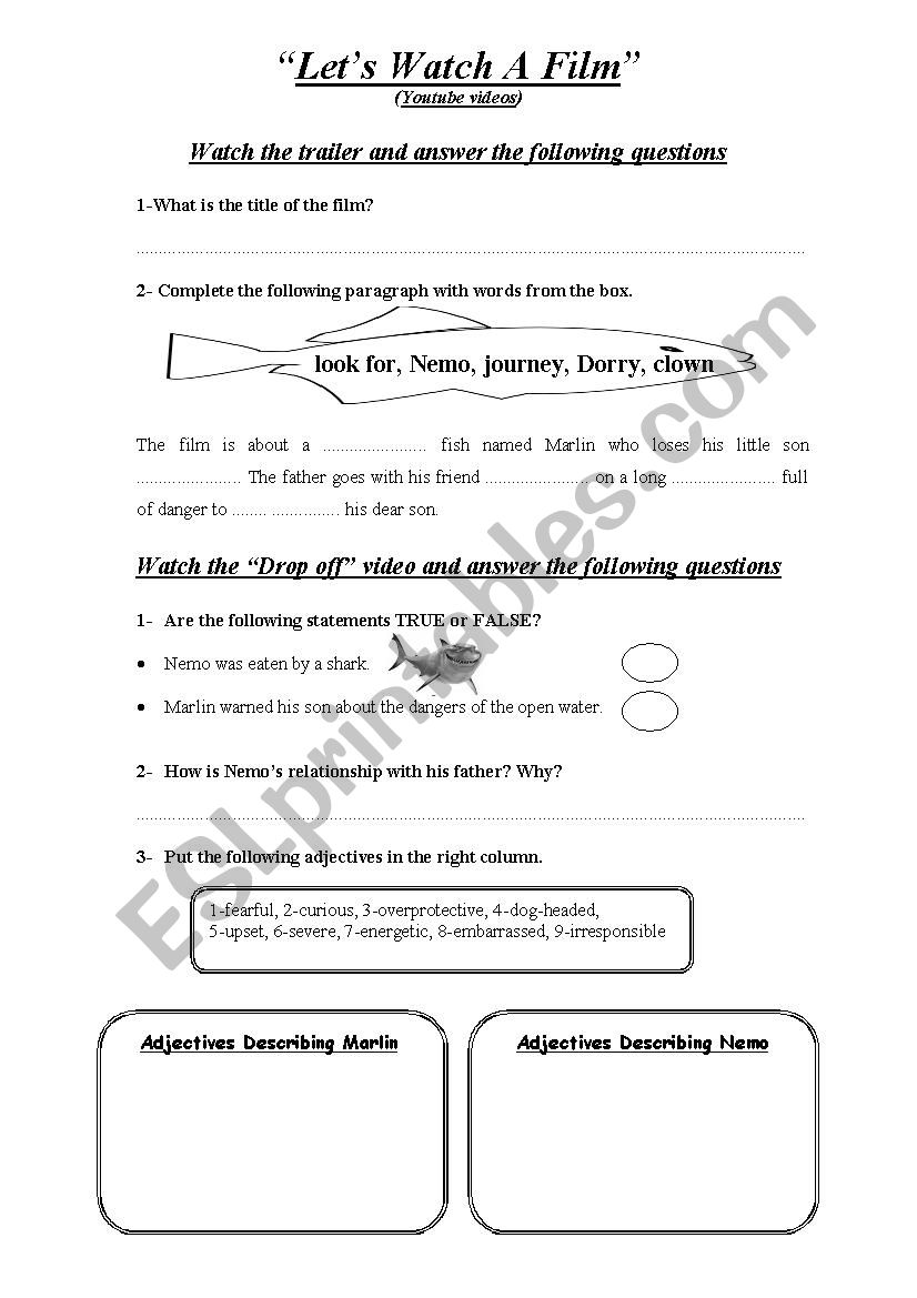 Finding Nemo Worksheet worksheet