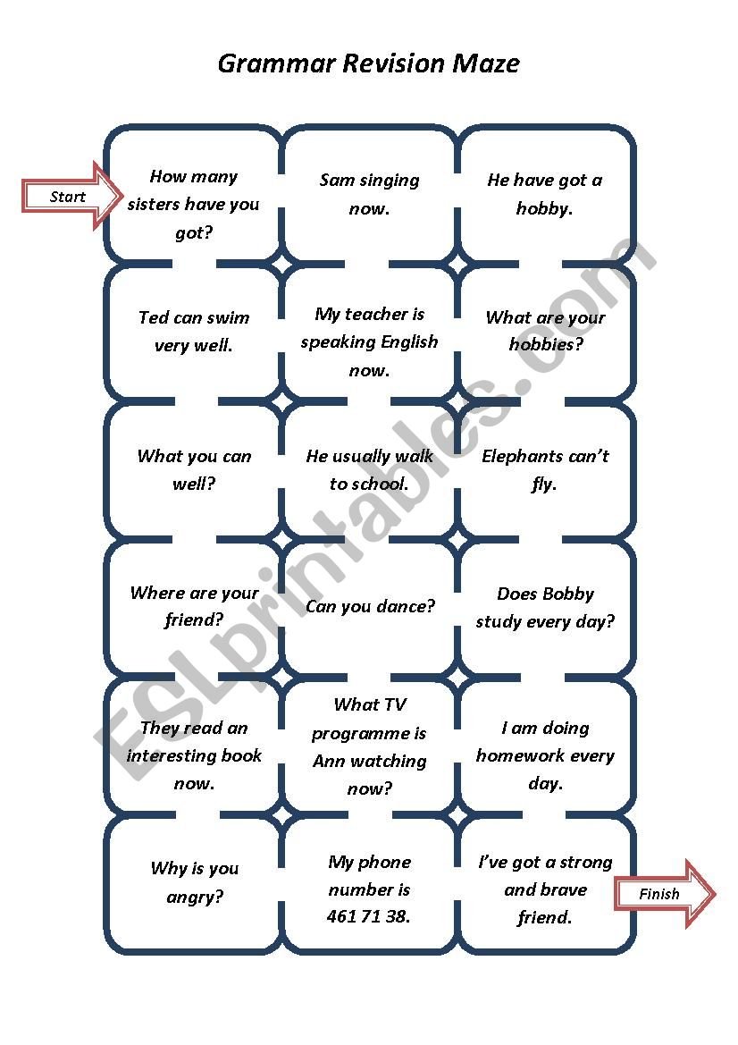 Grammar Revision Maze (Be - Have got - Can - Present Simple - Present Continuous)