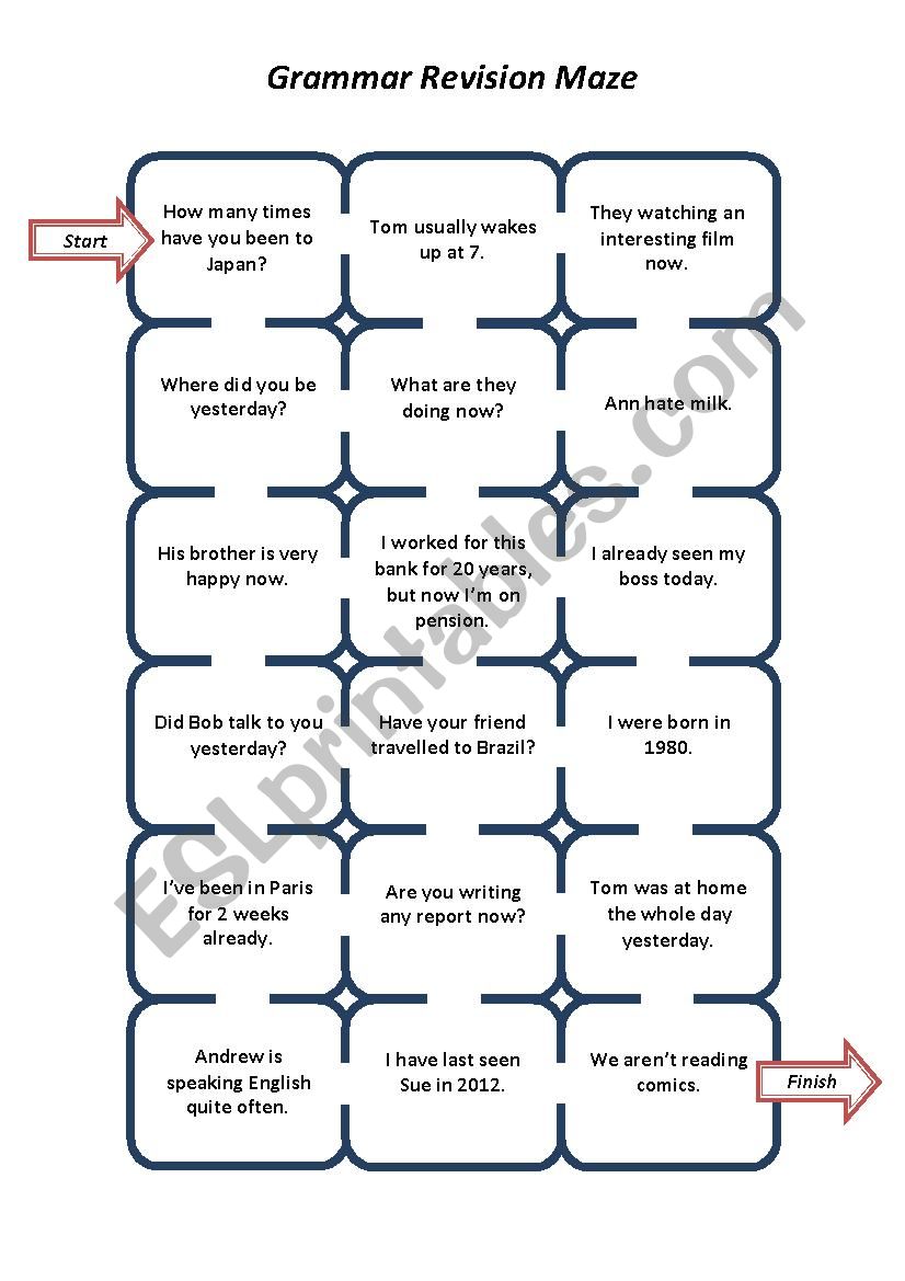 Grammar Revision Maze (Present Simple - Present Continuous - Present Perfect - Past Simple)