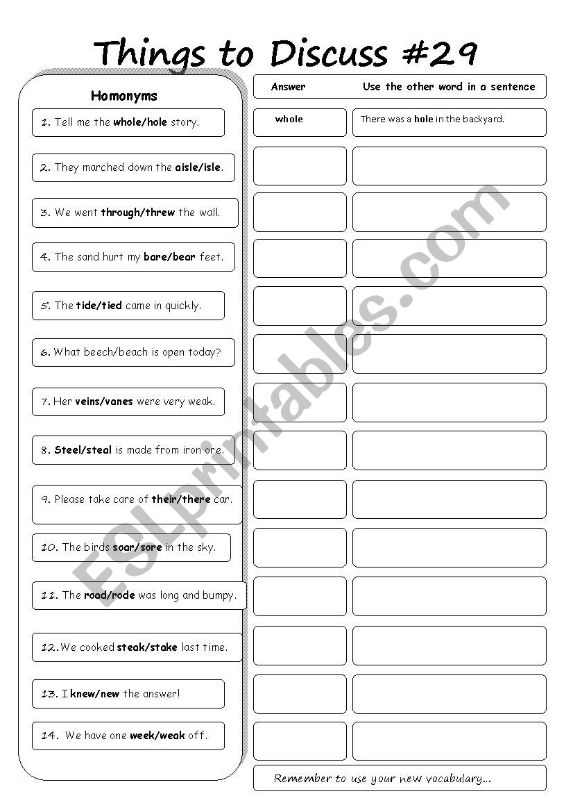 Things to discuss #29 worksheet