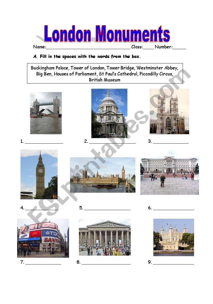 London - monuments and places worksheet