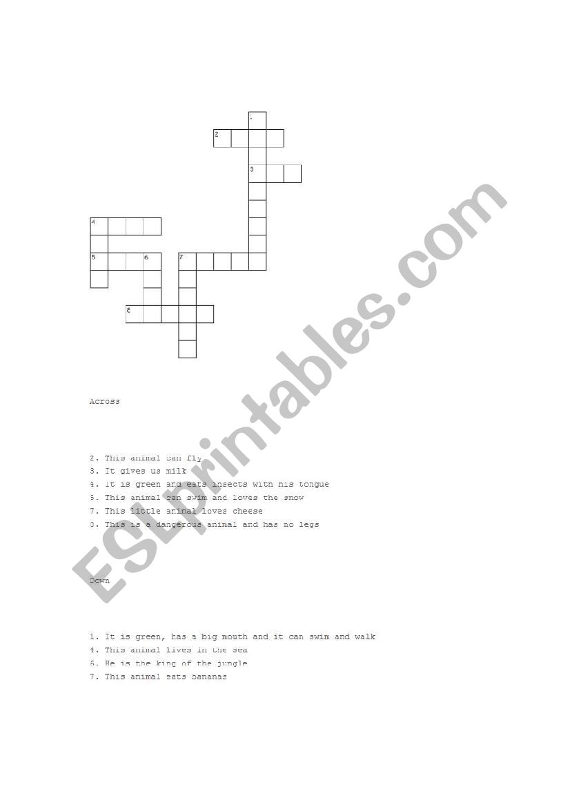 animals crossword esl worksheet by anaclara21