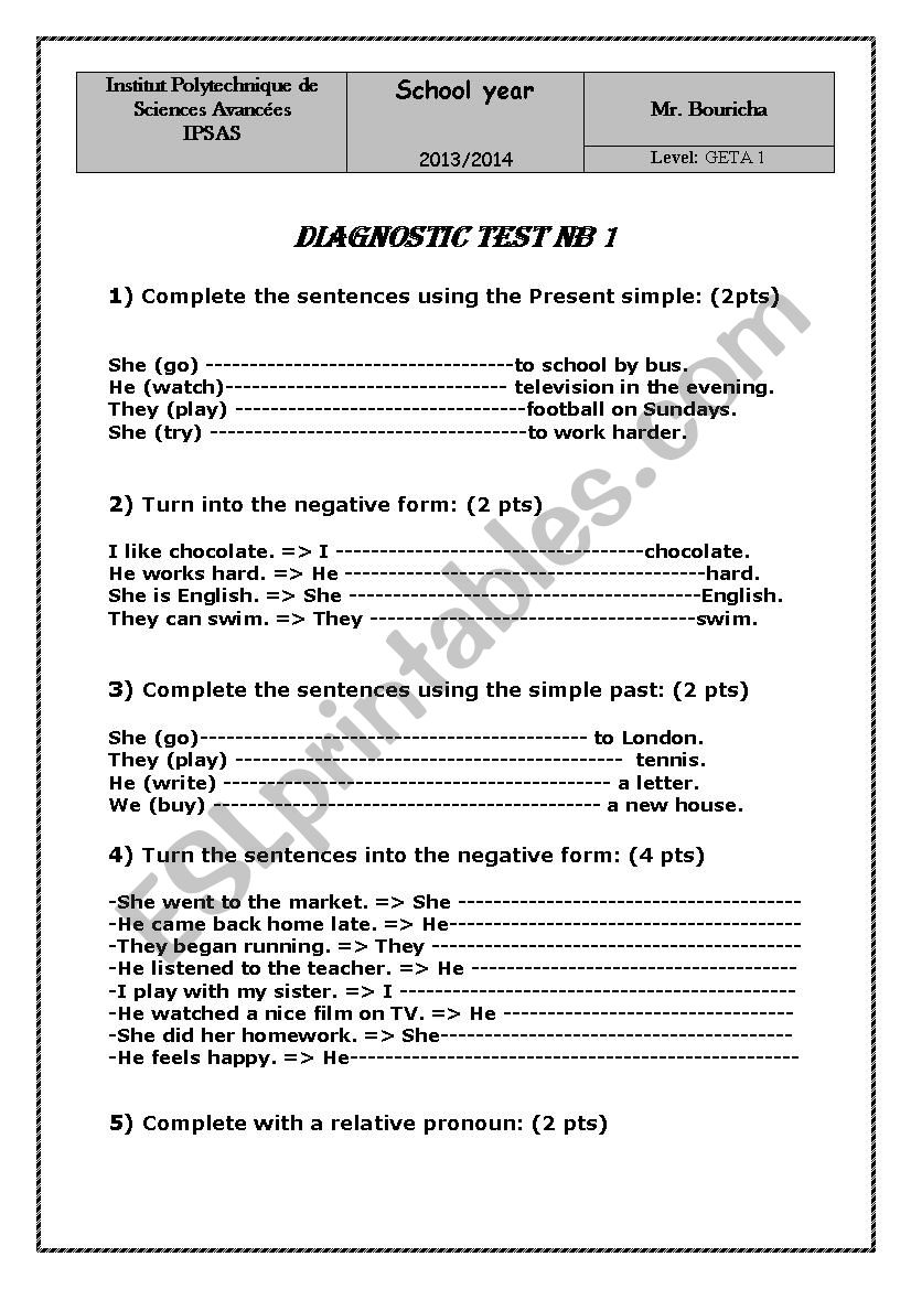 diagnostic test worksheet