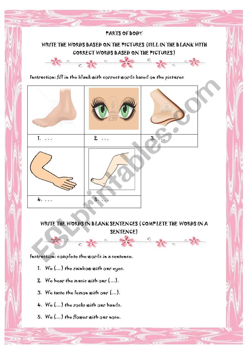 parts of body worksheet