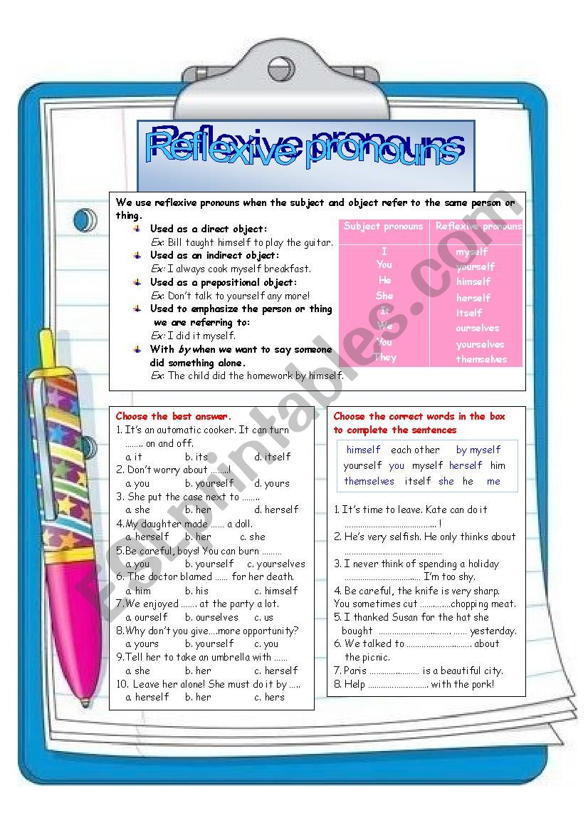 Reflexive pronouns worksheet