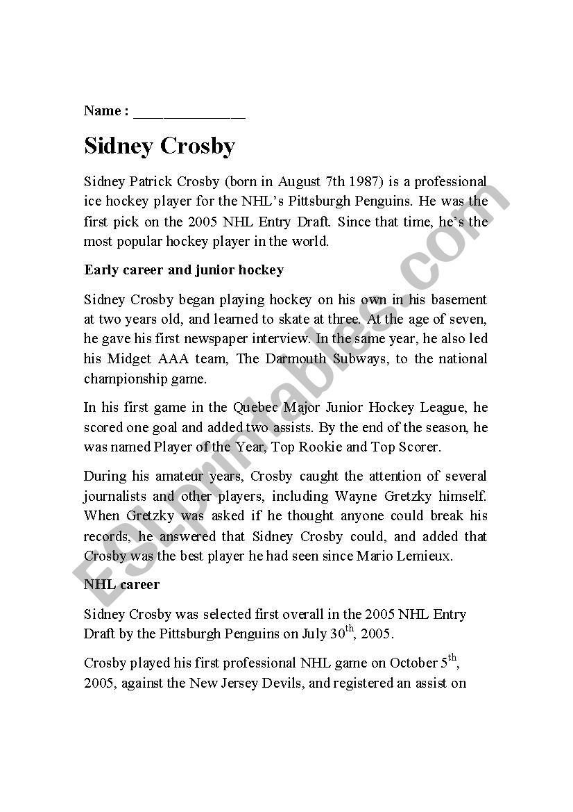 sidney crosby reading comprehension