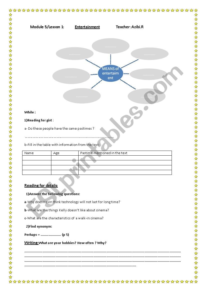 ENTERTAINMENT worksheet