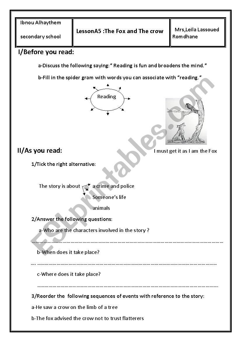 The Fox and The crow worksheet