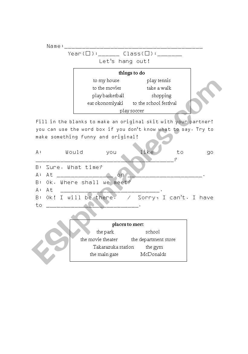 hanging out worksheet