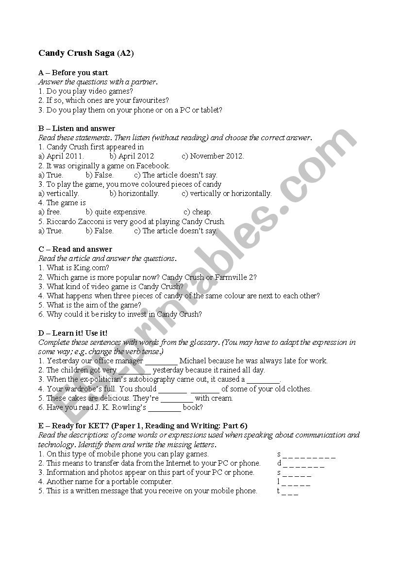 Candy Crush Activity worksheet