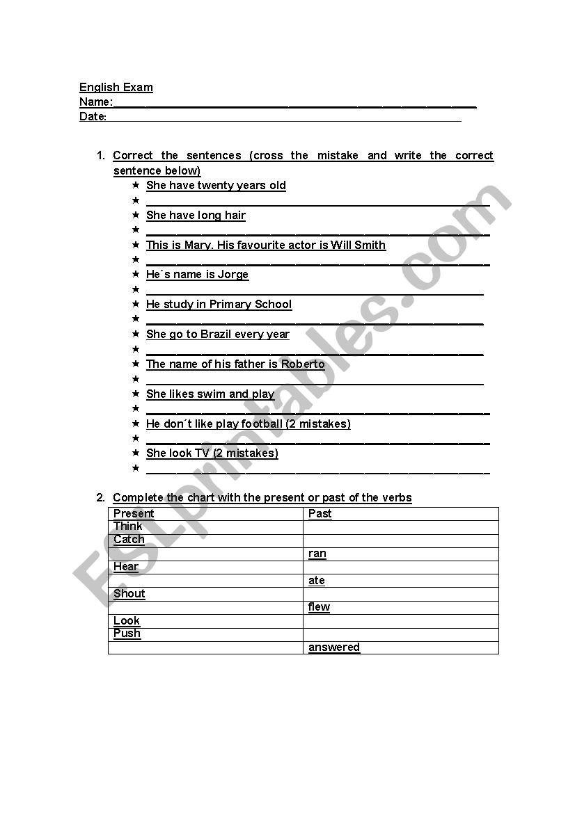 Exam on Correcting mistakes and verbs list