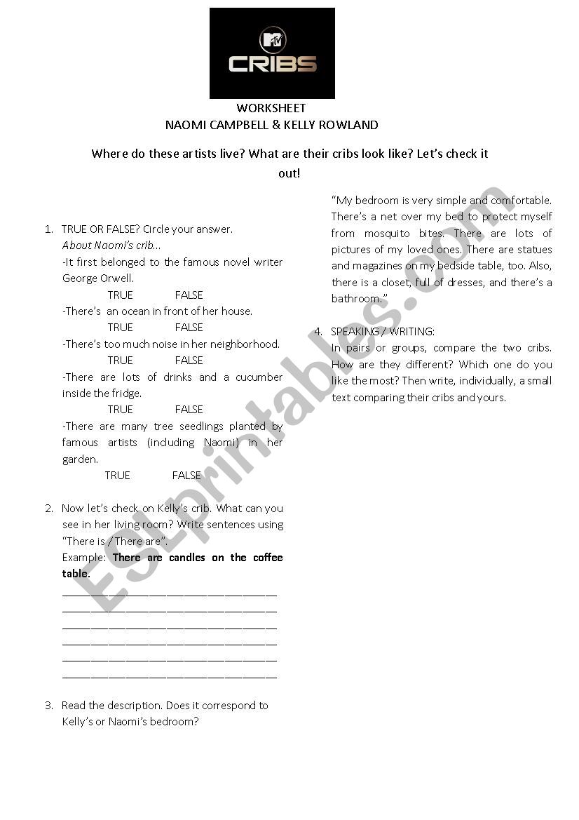 Mtv Cribs Worksheet Naomi Campbell Kelly Rowland Esl